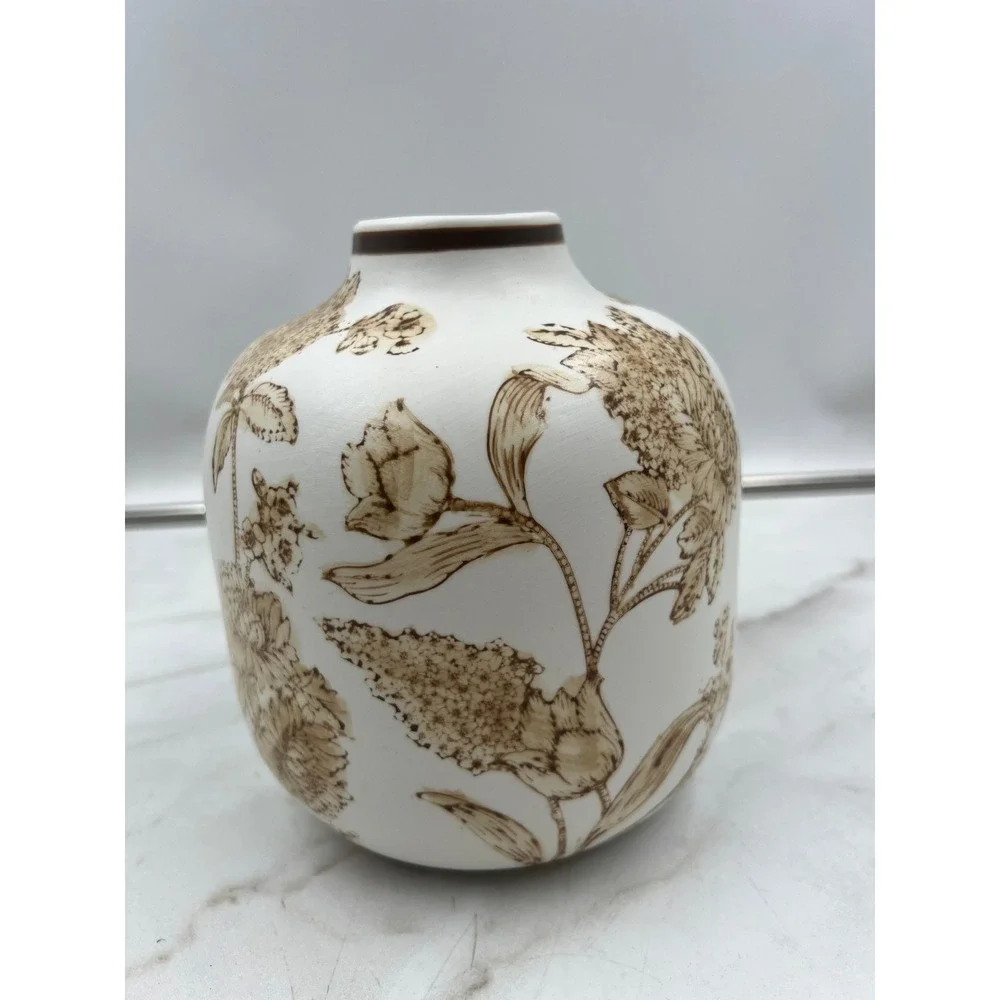 Vintage Style Ceramic Floral Bud Vase White and Brown Botanical Sketch 6.5 Inch